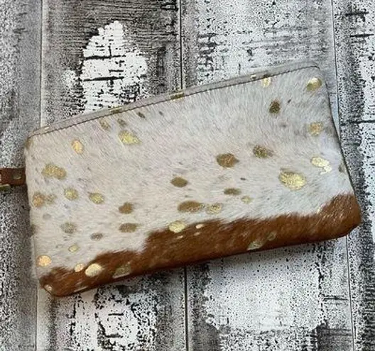 Metallic Leather Acid Wash White & Gold Wristlet 10” x 6” Tan