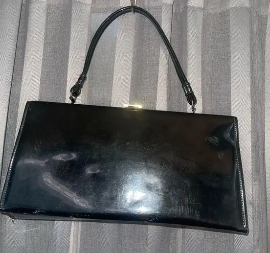 Vintage patent Leather Hinged Top Handle Bag black w/ gold hardware Spilene