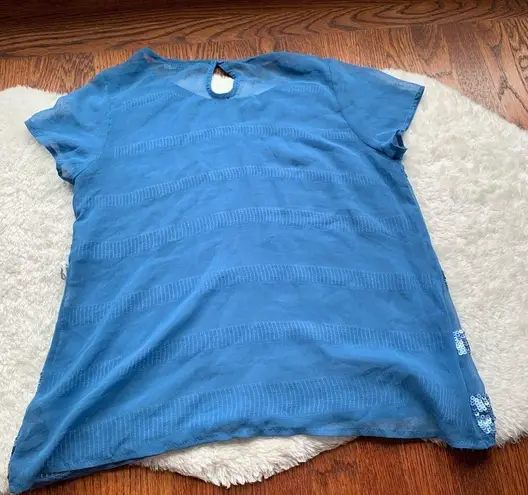 Forever 21 F21 Blue Striped  Sequin Chiffon Short Sleeve Top