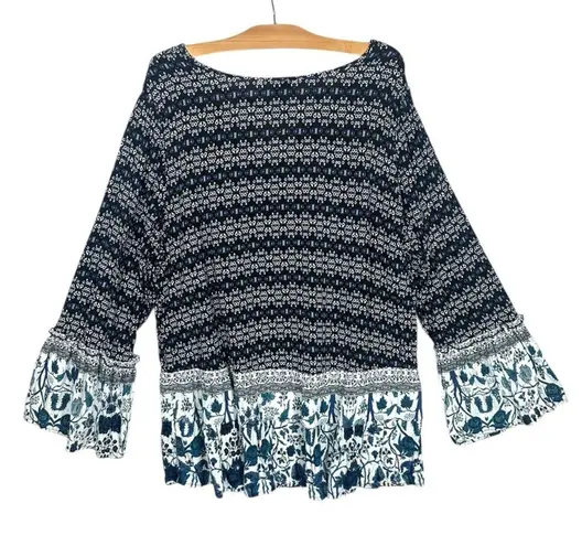Como vintage blue ruffle hem boho tunic top multi print flare sleeve plus sz 1x