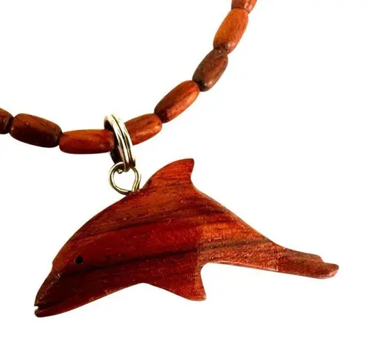 Wood beaded dolphin pendant necklace Brown