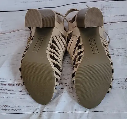 American Eagle  Tan Caged Block Heel Gladiator Peep Toe Womens Sandals Size 5.5W