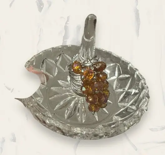 Orange Toned Rhinestone Gem Tiered Stacked Oversized Silver Toned Ring