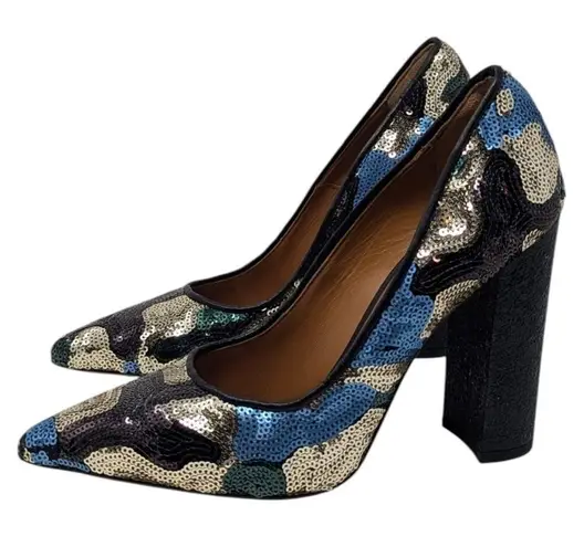 TIFFI Sequin Pointed Toe Block Heels Black Gold Blue Size 37