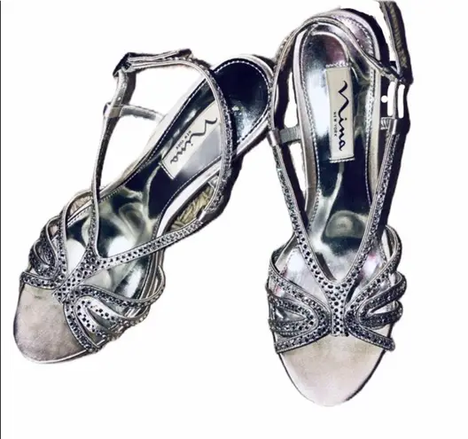 Nina  Bobbie silver rhinestone strappy heeled sandals