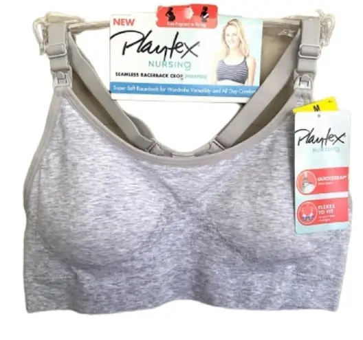 Playtex nursing bra NEaw gray wire free racerback crop seamless quick strap