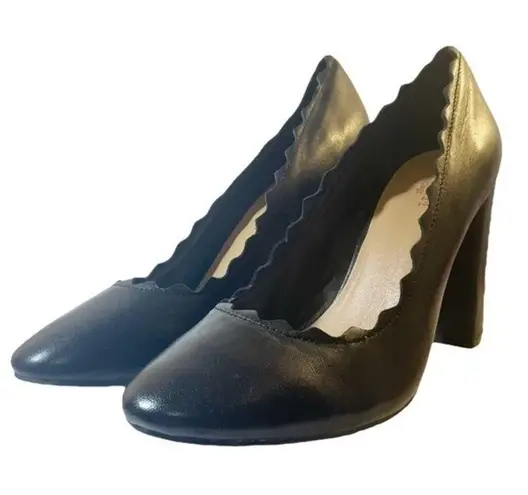 Crown Vintage Willow Black Leather Retro Scalloped Block Heel Pump Womens Size 9