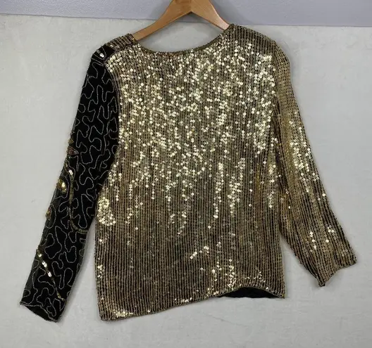 Vintage 80s Jean for Joseph Le Bon Gold and Black Sequin Floral Beaded Top Small