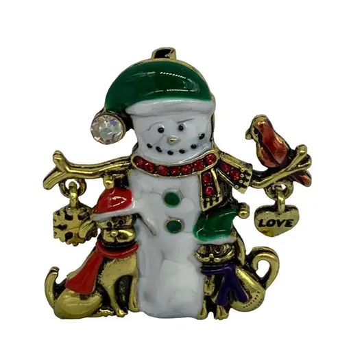 New Christmas snowman brooch or pin with cat & dog