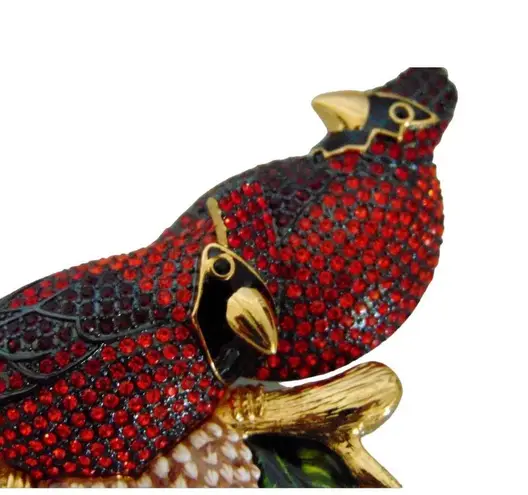 Joan Rivers BROOCH PIN Pair RED CARDINAL BIRDS Perched LG 4" Crystal Rhinestones