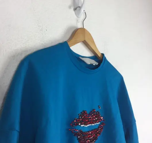 3.1 Phillip Lim Blue Rhinestone Crystal Lip Embellished Crop Sweatshirt Large
