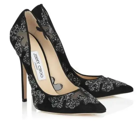 Jimmy Choo Karmel Crystal Rock Embellished Mesh Suede Pumps 120mm sz 40 / 9