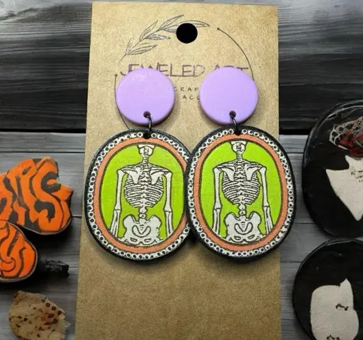 JEWELED ART Spooky Skeleton Oval Earrings Hand Painted Wood Halloween Green