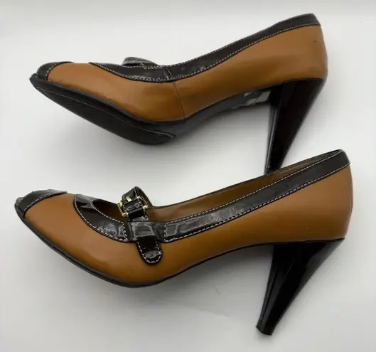 Etienne Aigner Cynthia Women's 7M Peep Toe Heels Brown & Tan Faux Leather Shoes