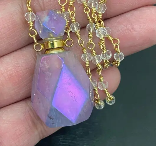 Aura Quartz Faceted Oil Perfume Bottle Pendant Beaded Necklace 20.9g