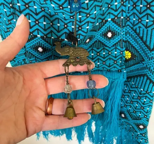 Blue Knit Crossbody Purse boho hippie festival bag elephant charm beads fringe