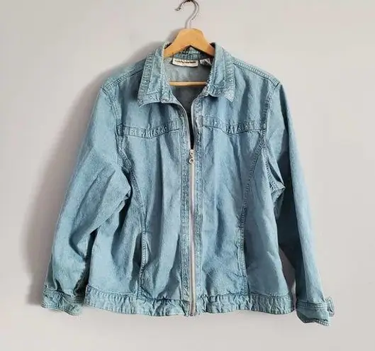 Jennifer Moore Cathy Daniels Light Blue Rhinestone Bling Zip Up Jean Jacket XL