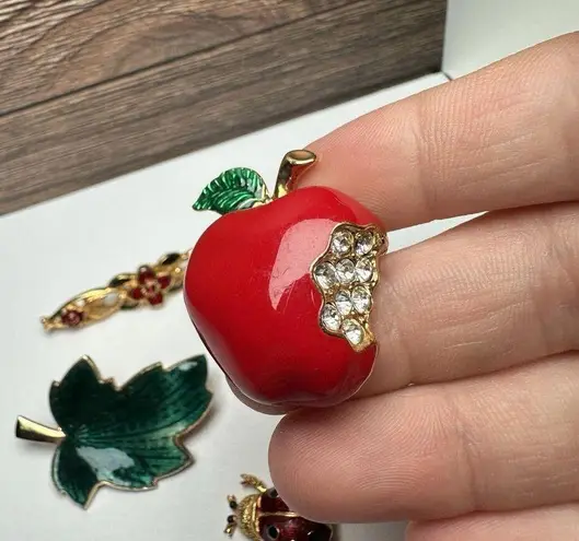 Green Leaf, Red Apple, Ladybug Bug, Flower Bar Enamel Brooch Pin Lot Of 4 Gold
