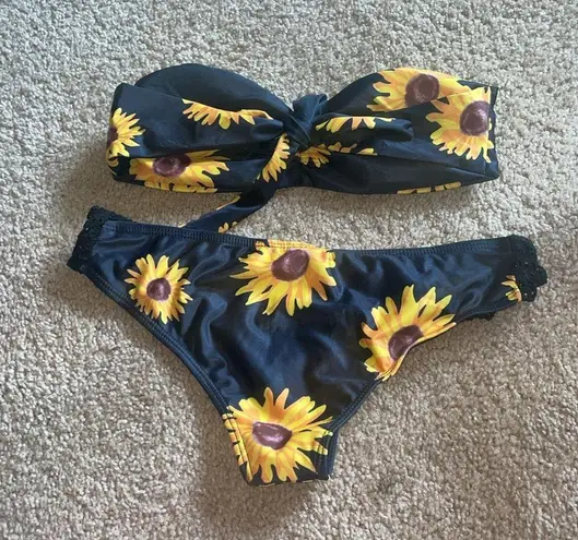 Sunflower Print Bikini Set 2 piece set strapless standard bikini black lace Size undefined - Image 4