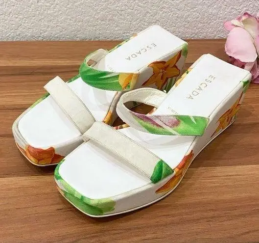 ESCADA White Floral Tropical Beach Wedge Sandals Size 35 1/2 (6
