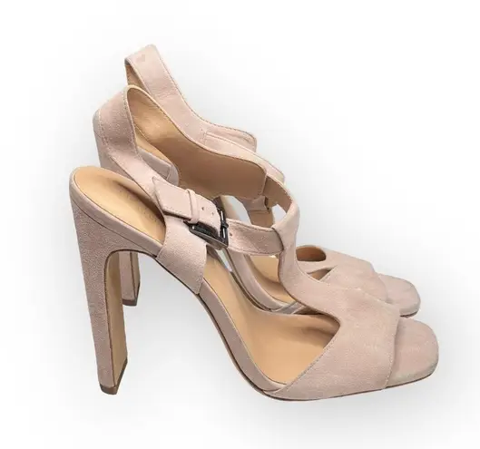 Halston Heritage ⌘ T Strap Ankle Strap Heeled Open Toe Sandals ⌘ Pink Suede ⌘ 9M