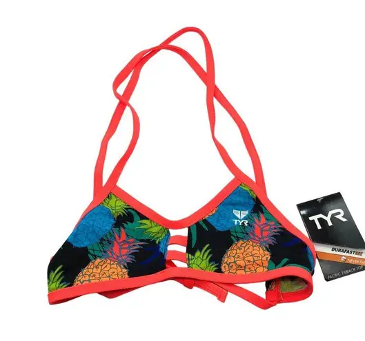 Tyr. Durafast One Pacific Tieback Bikini Swim Top Pineapple Print Black Orange XS