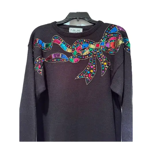 Vintage Plain Jane By Sweet Baby Jane M Black Sweater Dress Sequin Bow Holiday Size M