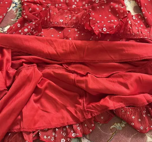 Red Lurex Floral Dress Long Sleeve and Ruffles Size XS