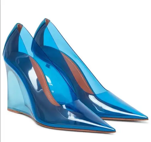 Amina Muaddi NEW Ane Pointed Toe PVC Glass Patent Wedges Heels Blue US 7.5