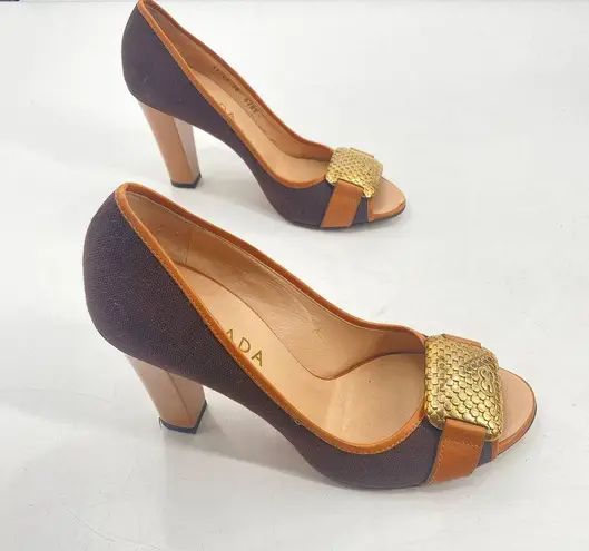 Escada Logo Plate Woven Canvas Brown Peep Toe Pumps Heels Shoes Womens size 38