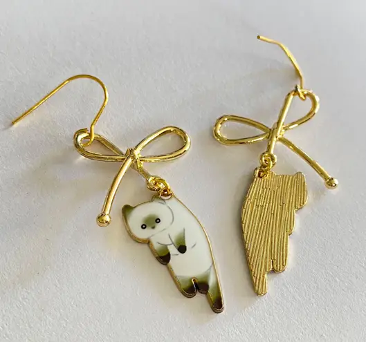 Handmade Kawaii funny cat ribbon dangle earrings✨