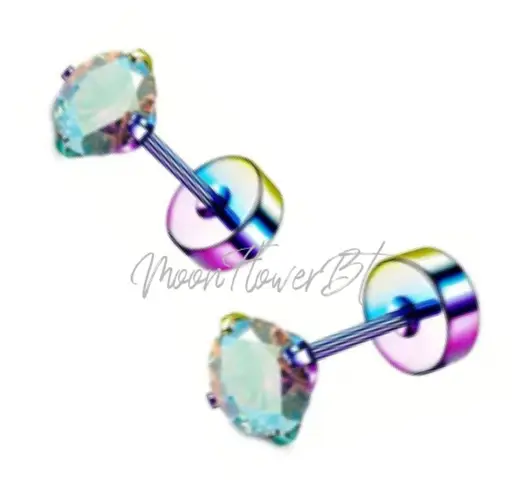 Rainbow Iridescent CZ Flat Back Earrings Purple