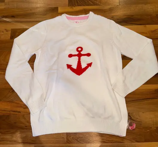 Pink Pineapple Women's White Knit Sweater Red Anchor Print XL Nautical Preppy