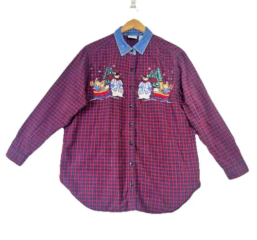 Vintage BOBBIE BROOKS Shirt Red Plaid Snow Man Sledding 14/16W Button Up 90s Size 14W