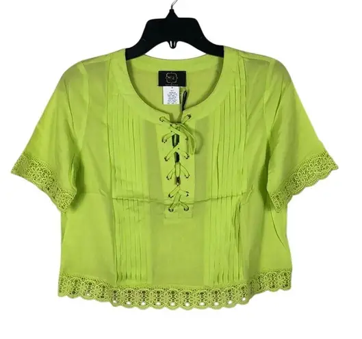Short Sleeve Top Lace Hem Pleated Cropped Lace Up Yellow