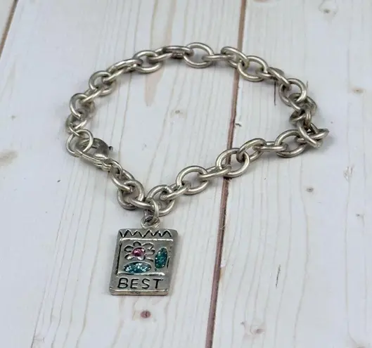 Vintage Y2K Flower Charm Bracelet Silver Chain Pink and Blue Rhinestones