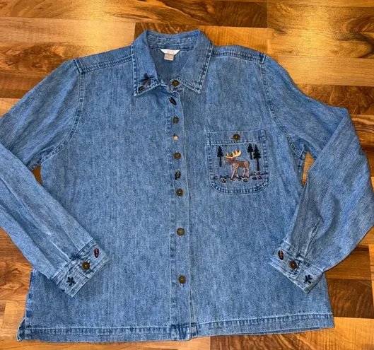 Christopher & Banks Womens Denim Moose Embroidered Button Down Shirt Size L vtg - Image 1