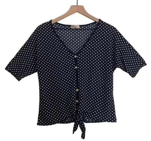 Lavish Navy Blue White Polka Dots Button Tie Front Half Sleeve V-Neck Blouse Top