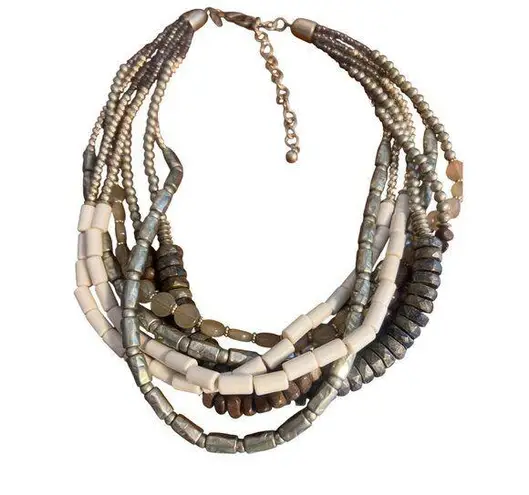 Chicos Multi Strand Beaded Necklace Mixed Metal Wood Neutral Tones Adj 20" Silver