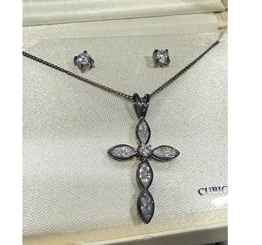 Charter Club NIB Holy Cross Necklace & Earrings Set - Silver Tone Cubic Zirconia