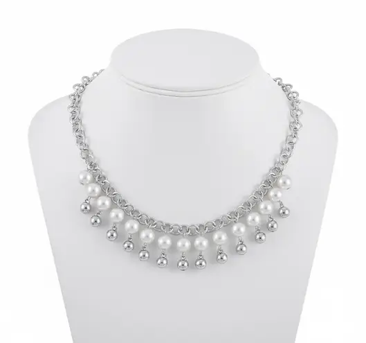 Chunky Chain Choker with Pearl Dangle Fringe Silver