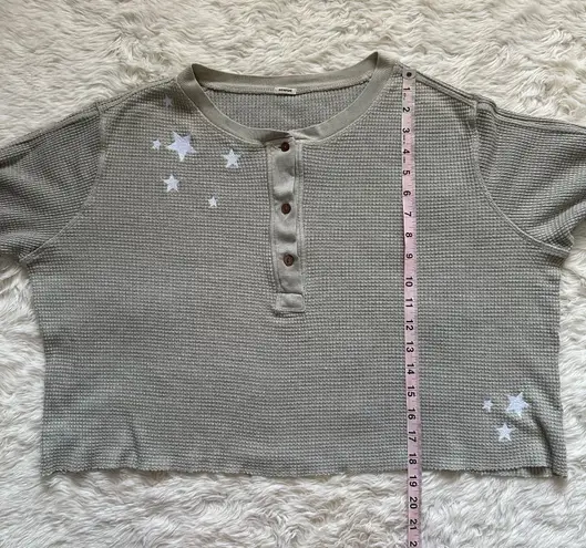 Monrow Top Oversized Crop Henley Thermal Shirt Star Embroidered Long Sleeve S