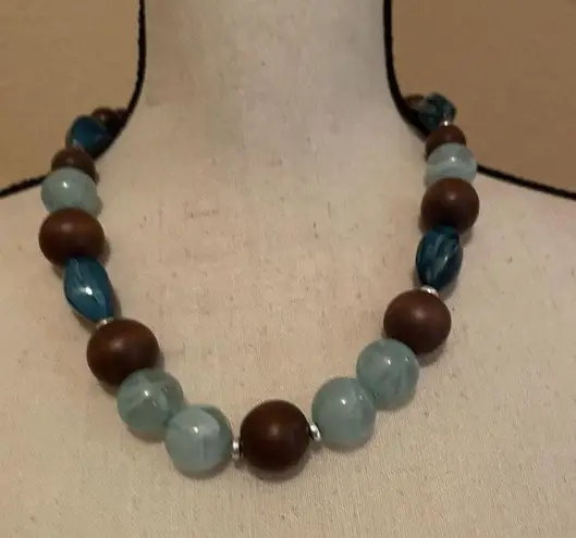 New York And Company Signed NY Blue Brown Bead Costume Necklace Adjustable Length