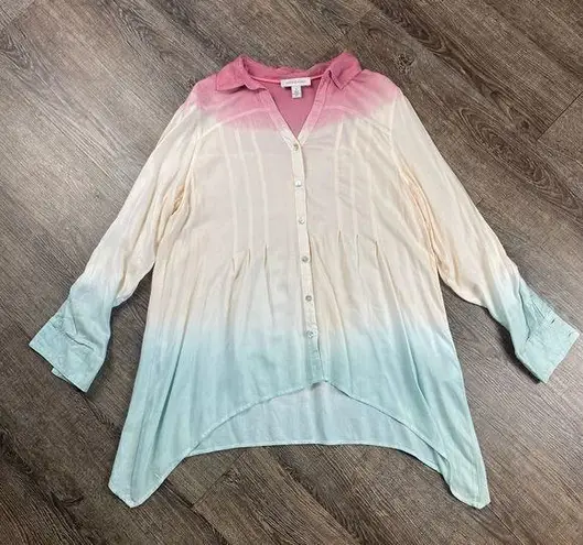 American Vintage Vintage America Shirt Women M Pink Blue Cream 100% Viscose Tie Dye V Neck Button