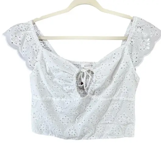 Urban Romantics Y2K Eyelet Crop Top L White Smocked V Neck Boho Chic Coquette