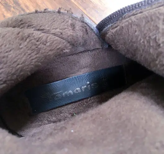 Tamaris • Lizudi ankle boots brown leather booties heeled fleece lined tassel Size 7.5