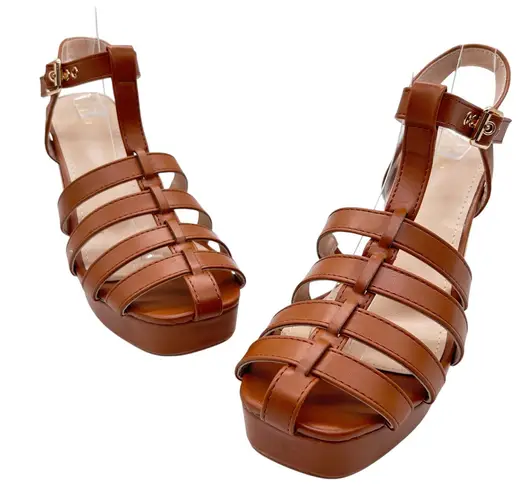 Allegra K Platform Heel Sandals Womens 7 Brown Strappy Cage T Strap Block Heel