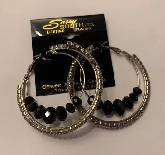 Silver Tone Hoop Earrings Pierced NWT Genuine Austrian Crystal Titanium Plating