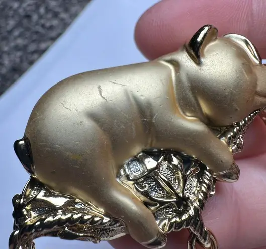 Signed AJC Gold Tone Pig On Tasseled Pillow Brooch Pin