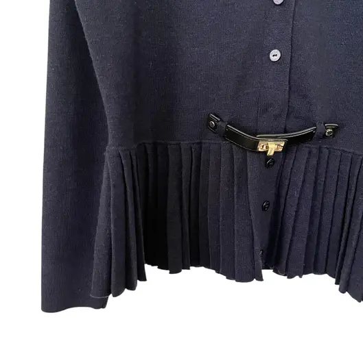 Paule Ka Navy Blue Wool Pleated Button Front Belted Cardigan Sweater Size XL